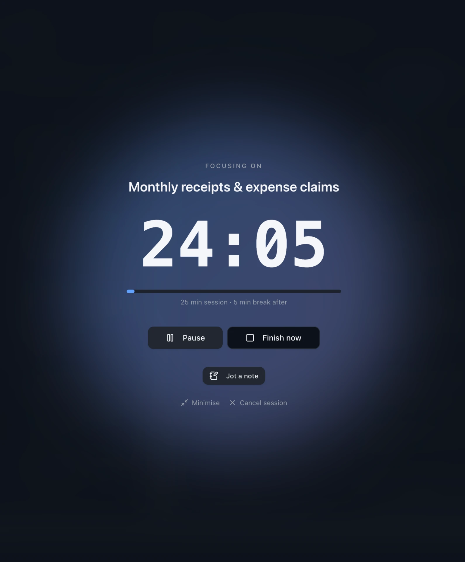 Doneday Pomodoro focus timer counting down 24:05 on the task Monthly receipts & expense claims, with pause, finish and jot a note controls